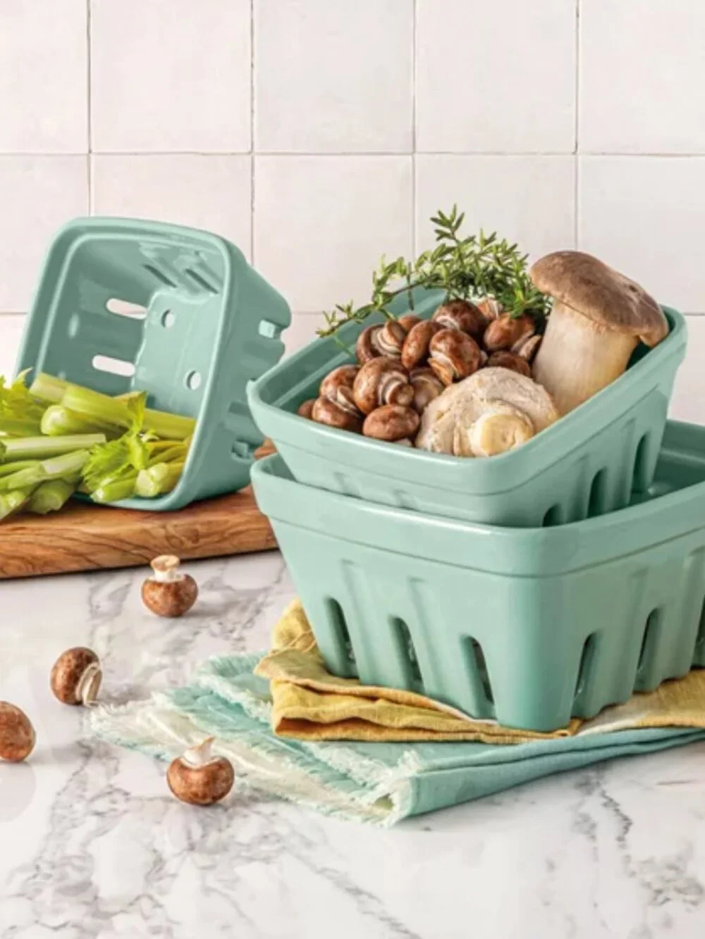 Over & Back 3-piece Multipurpose Berry Baskets, Stoneware Dishwasher Micro Green
